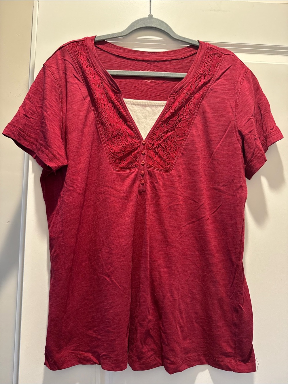 Northcrest Red Lace-Trim V-Neck Short Sleeve Top